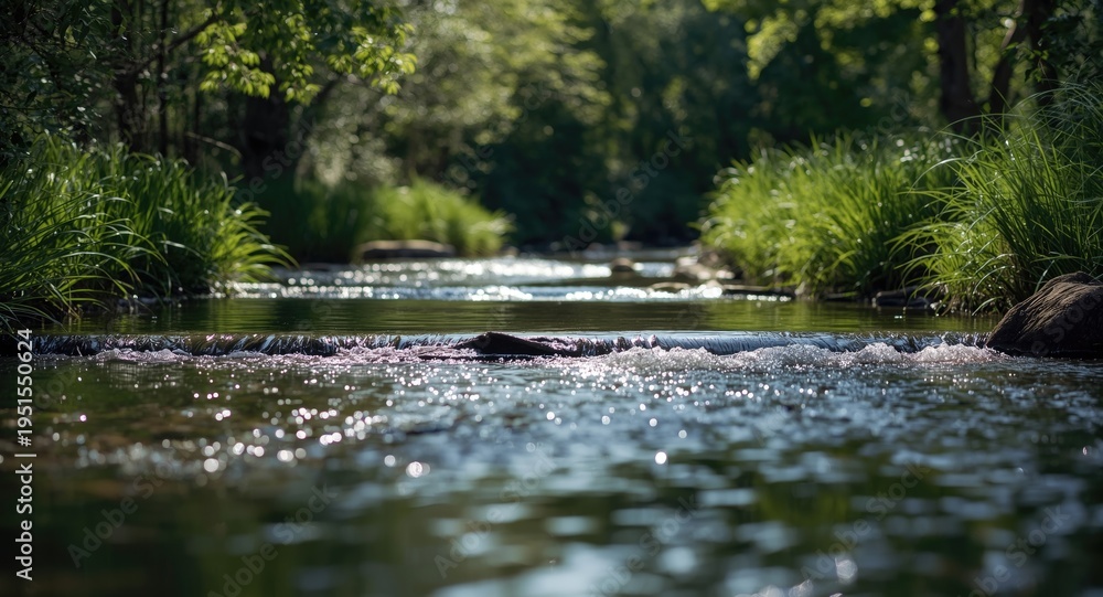 Fototapeta premium Extensive river environment displaying a calm flowing stream with adjacent walking trails
