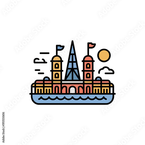 A colorful illustration of a castle on a body of water