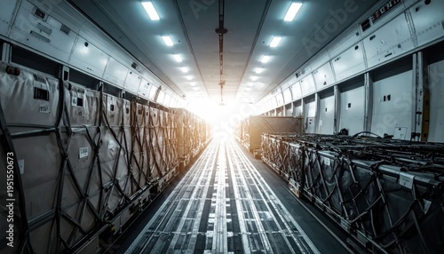 Cargo Plane Interior with Bright Light Ahead.
