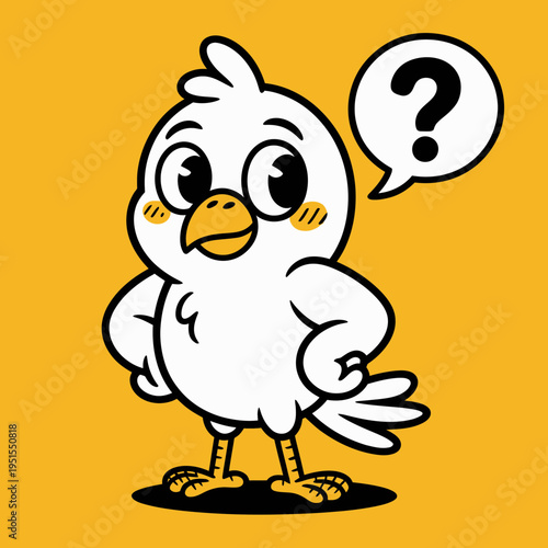 A cartoon chicken with a question mark speech bubble stands confused