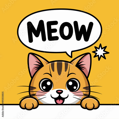 A cartoon cat with a speech bubble saying meow playfully