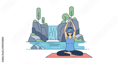 Woman meditating with VR headset in serene nature landscape with waterfall and trees, representing virtual reality yoga and mindfulness
