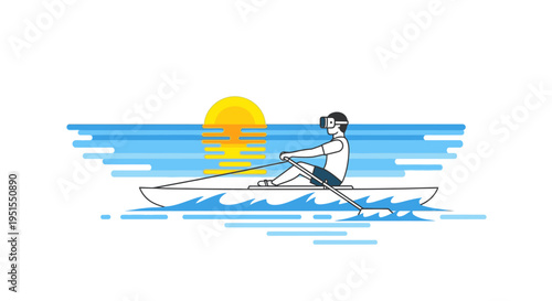 Young man rowing a boat on the water at sunrise, illustration in flat design style