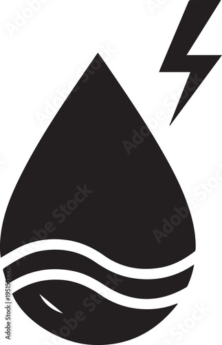 Black vector droplet with wavy line and lightning bolt on transparent background
