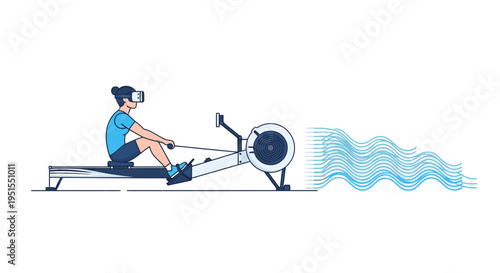 Person wearing VR headset rowing on a machine, simulating water waves for immersive workout experience
