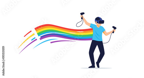Young man wearing VR headset and holding controllers, with a rainbow wave emanating from him, symbolizing virtual reality and LGBTQ+ pride.