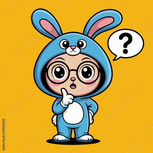 A cartoon character in a blue bunny costume with a questioning expression
