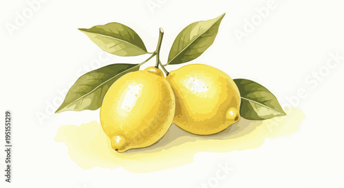 Illustration of two lemons with green leaves on a white background with a bright and citrusy mood.