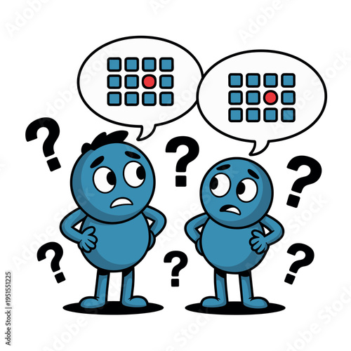 Two cartoon characters confused about a grid pattern