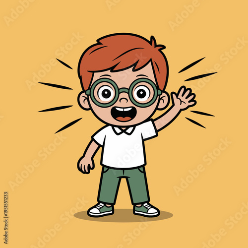 A cheerful cartoon boy with glasses waving enthusiastically outside