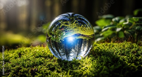Crystal ball reflecting forest scene with vibrant green moss and sunlight
