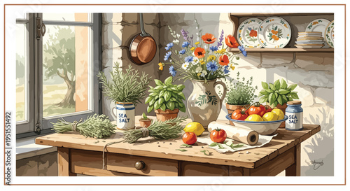 Still life of a rustic kitchen counter with fresh produce, herbs, and flowers on a sunny day.