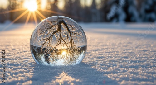 Crystal ball reflects winter tree against bright sun in snowy landscape