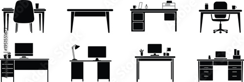 Set of office desk silhouettes workspace furniture computer table chair workplace interior design collection isolated black vector illustration bundle