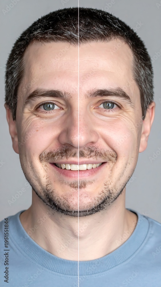 Fototapeta premium Man smiling, split image showing a comparison