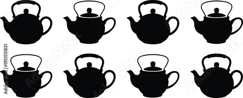 Set of teapot silhouettes kitchen tea pot isolated black cookware collection beverage serving design vector illustration bundle icon set