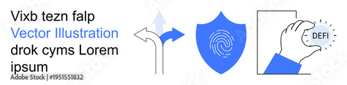 Digital security, fintech, blockchain, authentication, navigation, decentralized finance. Various icons including a fingerprint shield and directional arrow. Digital security and fintech concepts
