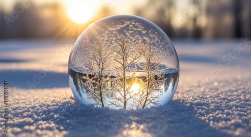 Crystal ball with winter landscape reflection featuring sun and trees