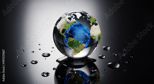 Crystal globe depicting world with water droplets on black background