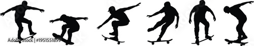 Skateboarder silhouettes collection, skateboarding tricks action poses extreme sport athlete riding skateboard vector illustration set isolated design elements