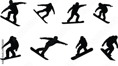 Snowboarder silhouette set performing jumps and tricks, winter extreme sport athlete riding snowboard, action sports vector collection isolated