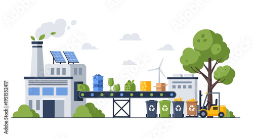 Sustainable Factory with Recycling Conveyor Belt, Waste Sorting Bins, Solar Panels, and Wind Turbine for Eco-Friendly Production