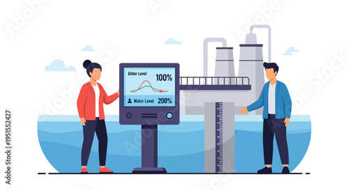 Water Management Technology: Engineers Oversee Industrial Water Levels on Digital Display