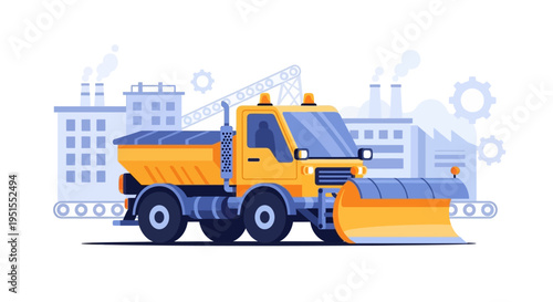 Industrial Snowplow and Salt Spreader Truck with Factory Background Vector Illustration