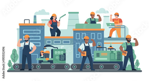 Diverse Industrial Workers Flexing Muscles in Modern Factory - Teamwork and Production Strength