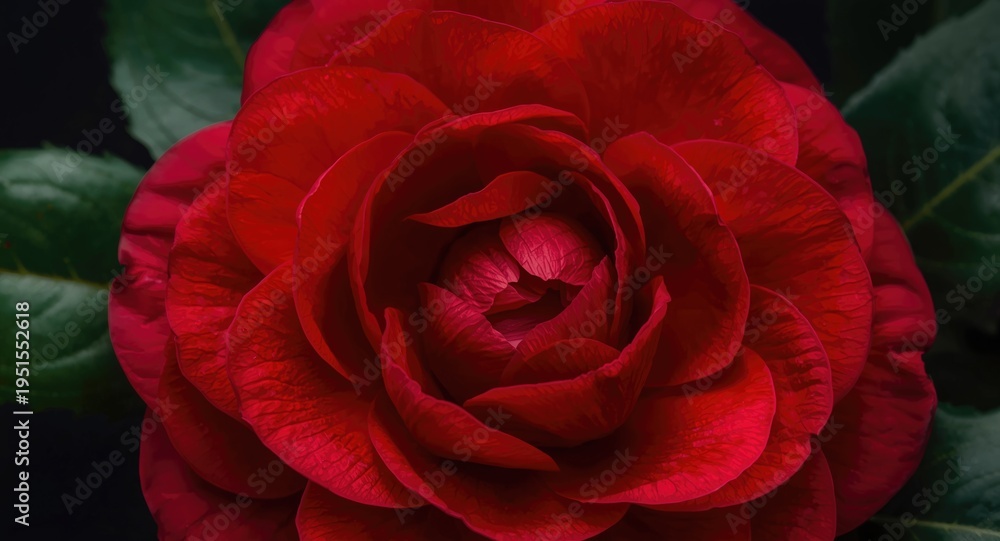 Naklejka premium Close-up shot revealing the vivid red camellia petals and dense green leaf arrangement in macro style on a dark canvas