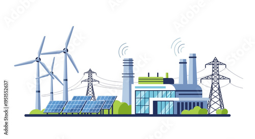Sustainable Energy Mix: Wind, Solar Power & Industrial Plant with Grid Illustration