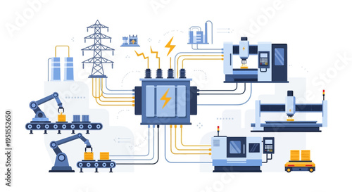 Smart Factory Automation System: Modern Industrial Production with Robotics, CNC Machines, and Integrated Power Distribution for Industry 4.0.