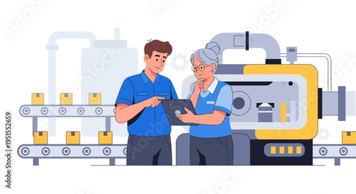 Manufacturing Team Collaborating on Production Line with Digital Tablet, Optimizing Industrial Automation and Supply Chain Logistics