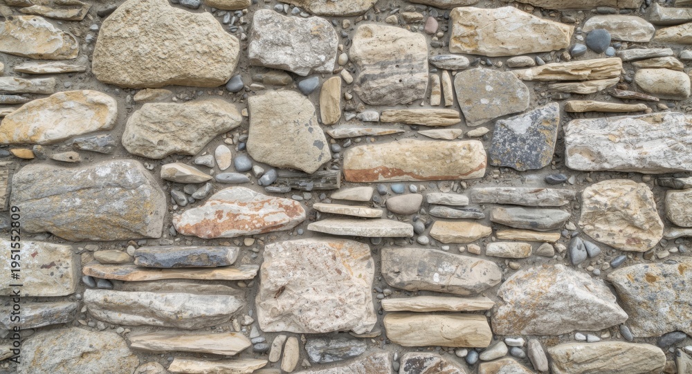 Fototapeta premium Rough stone wall pattern complementing an uneven gravel background with copy space