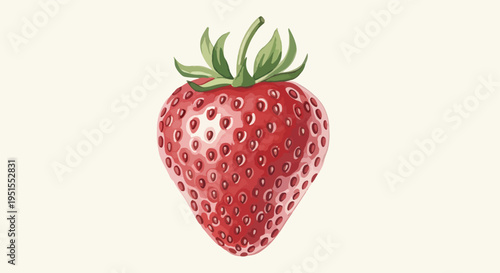 High-quality illustration of a ripe red strawberry with green leaves on a cream background.