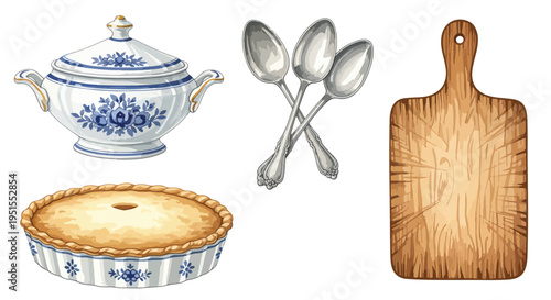 Still life composition of a pie, a casserole dish, crossed spoons, and a cutting board on a white background.
