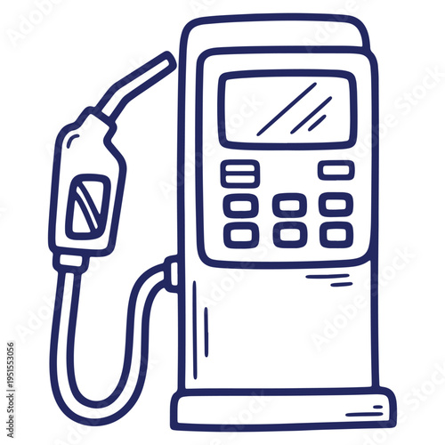 Isolated gasoline pump doodle illustration for transportation and automotive industry designs providing energy and fuel to consumers filling up their vehicle tanks