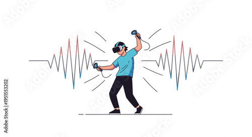 Person playing virtual reality game, wearing VR headset and controllers, dynamic sound waves, symbolizing immersive digital entertainment and interactive tech.