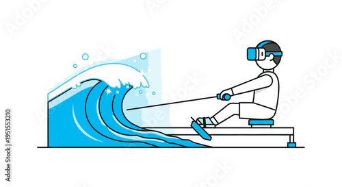 Man in VR headset rowing on an exercise machine, experiencing a large blue ocean wave in a virtual reality simulation, blending modern technology with fitness.
