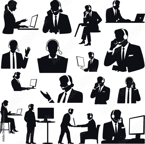 Black Silhouette Collection of Call Center Operators and Business Professionals Wearing Headsets Using Laptops and Computers for Customer Support Service Isolated on White Background