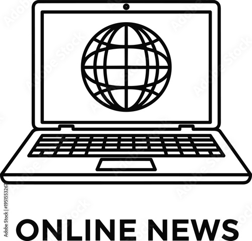 Online news, laptop screen globe, digital media concept, internet journalism, global information access, cad drawing flat vector illustration design