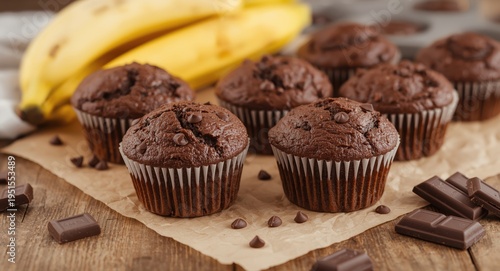 Freshly baked chocolate banana muffins on a wooden table with whole bananas and broken chocolate pieces for a homestyle dessert arrangement
