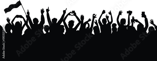 Black Silhouette of Cheering Crowd with Raised Hands and Flag at Music Concert or Protest Rally Isolated on White Background for Event Concept