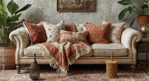 Chic sofa decoration styled with Moroccan inspired vintage elements and layered fabrics