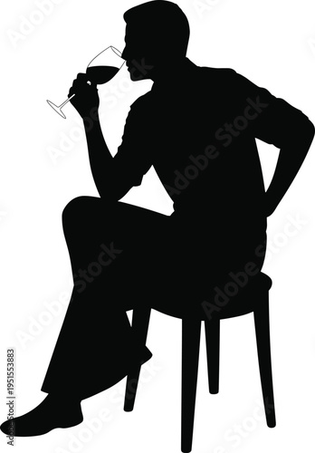 Black Silhouette of Elegant Man Sitting on Chair and Drinking Red Wine from Glass Isolated on White Background for Fine Dining Concept Art