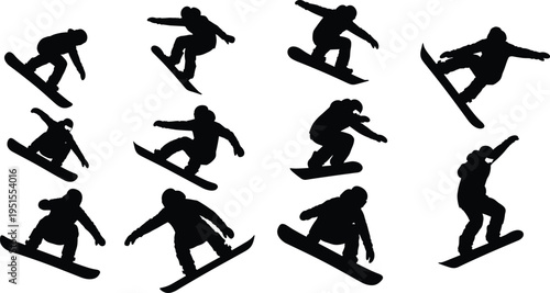 snowboard, snowboarder, silhouette, winter, sport, extreme, action, jump, athlete, freestyle, mountain, vector, illustration, design, collection, isolated, black, dynamic, activity, set