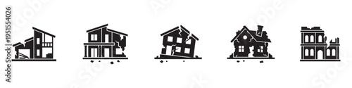 Ruined houses and destroyed buildings icon set. Earthquake or war damage, flat vector illustration isolated on white background.  Vector Illustration.