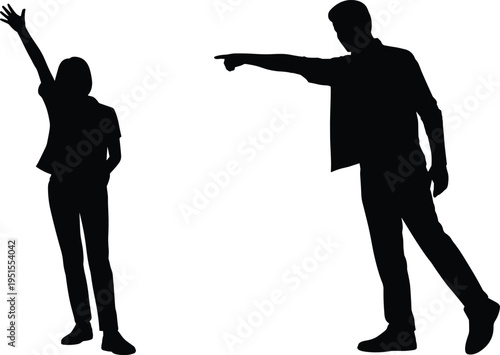 Silhouette of man pointing and woman raising hand in contrasting gestures, human interaction concept, communication, disagreement or direction, isolated black figures on white background