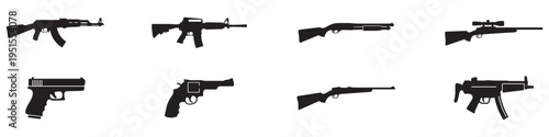 Weapons and firearms icons set. Rifles shotguns and handguns silhouettes. Hunting and self defense equipment collection. Vector Illustration.