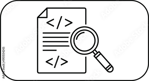 Source code analysis, programming file, magnifying glass search, software development, debugging process, cad drawing flat vector illustration, technology concept design